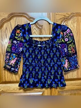 Printfresh Iris‎ Blouse Sz XXS Smocked Bodice Puff Sleeve Peplum Floral Cotton